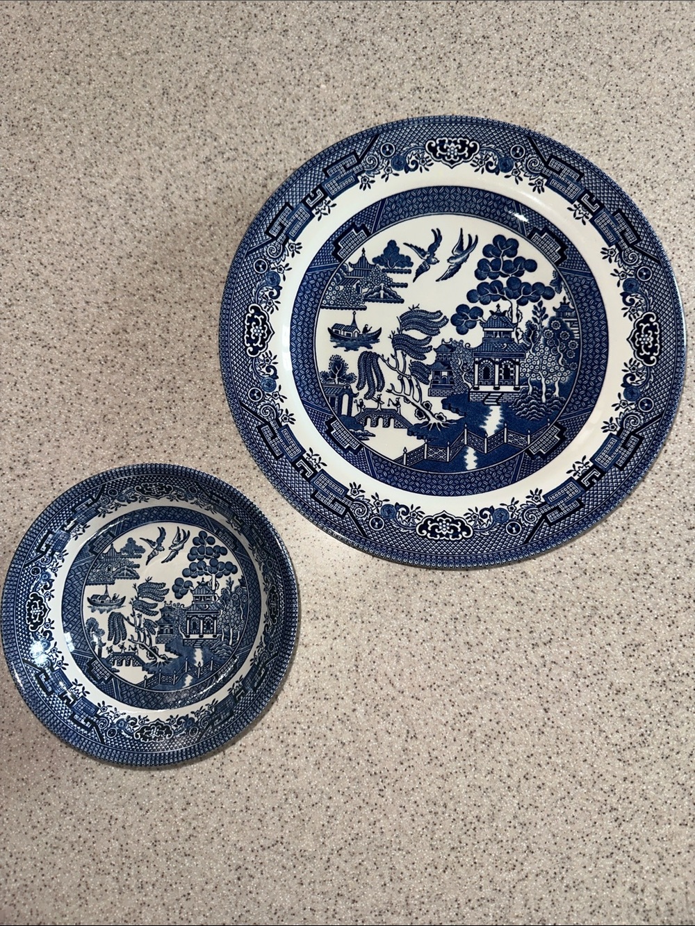 Vintage Churchill England Blue and White Willow Dinner Plate & Bowl